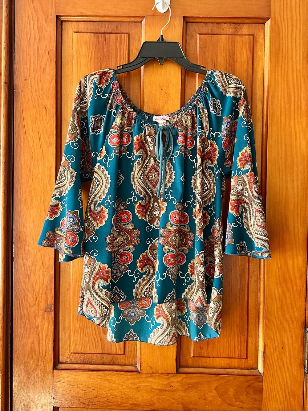 Paisley Scoop-Neck Tie Front Tunic in Teal